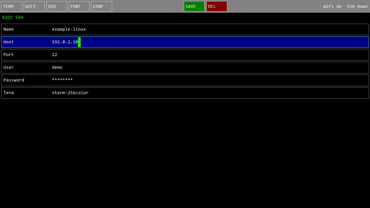 SSHプロファイル編集画面。Name、Host、Port、User、Password、Termの各フィールド