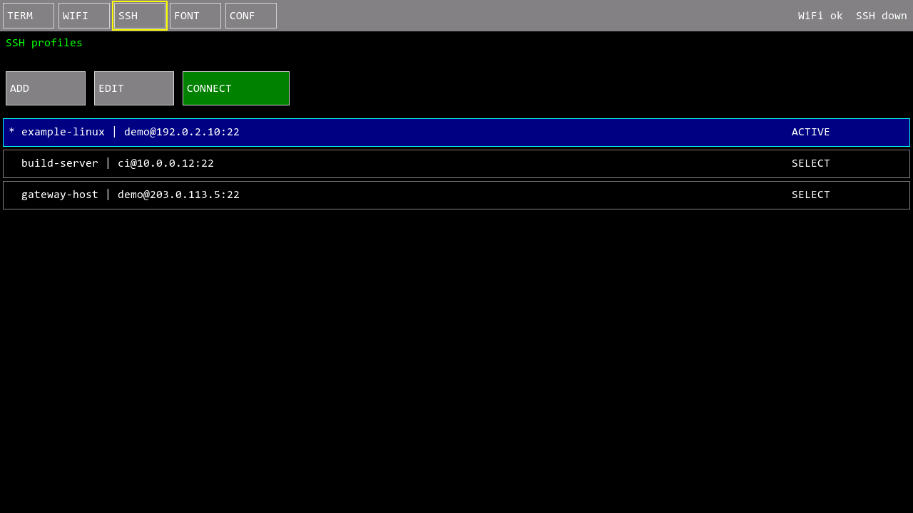 SSHプロファイル一覧画面。ADD、EDIT、CONNECTボタンと接続先リスト
