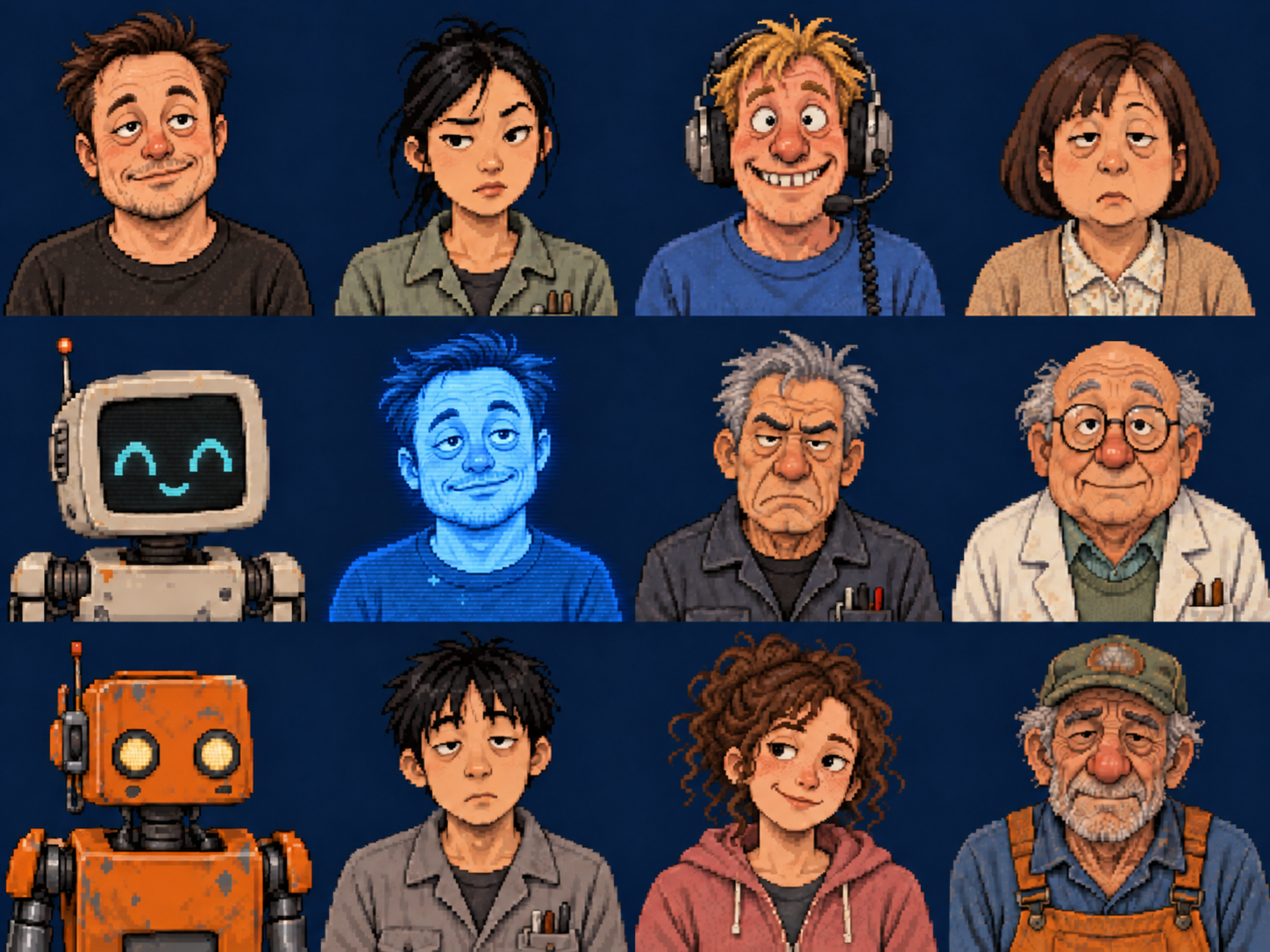 ディーロンと青いディーロンAIが同じ顔立ちになった12人のドット絵顔案