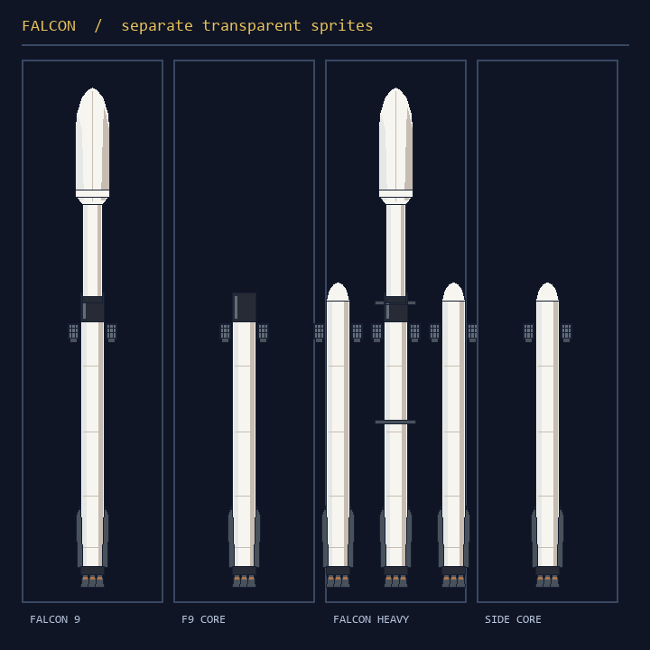 Falcon 9完成機と一段、Falcon Heavy完成機とサイドブースターのドット絵